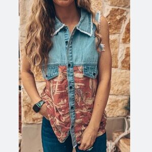 NWT Retro Cowgirl Cut off button down denim suede tank